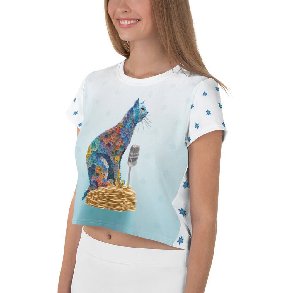 Side view of Kirigami Blossom Beauty Women's Crop Tee showcasing detailed print.