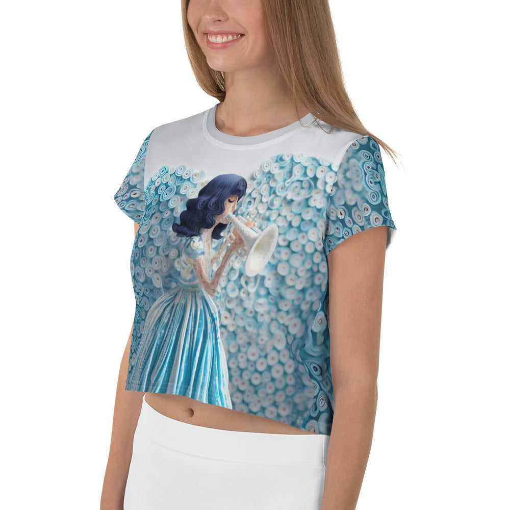 Side view of Ocean Waves Women's Crop Tee showcasing detailed print.