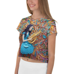 Feathered Elegance Women's Crop Tee paired with jeans in a casual setting.