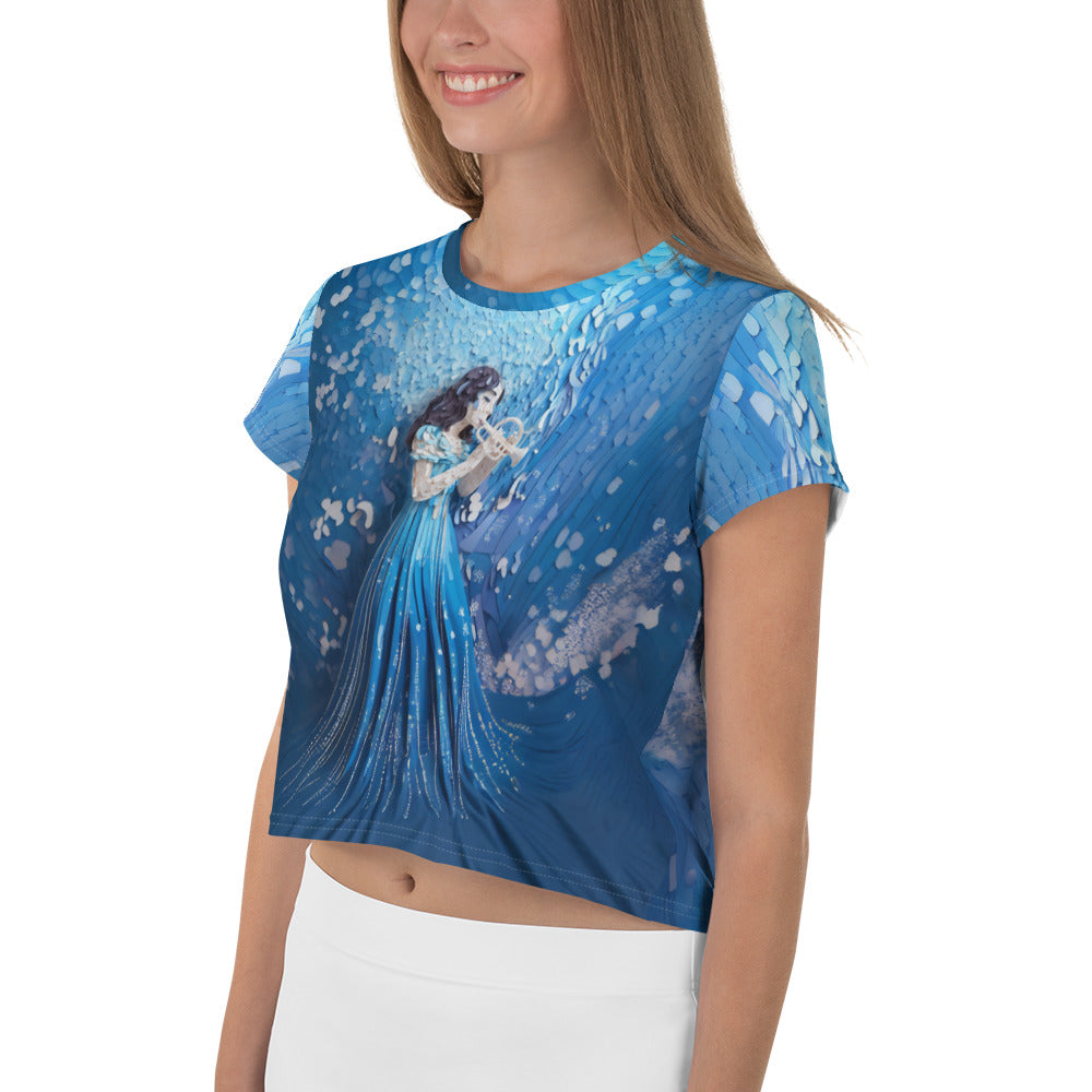 Side view of Blooming Kirigami Women's Crop Tee showcasing detailed print.