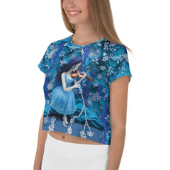 Side view of Origami Flight Women's Crop Tee showcasing detailed print.