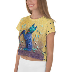 Side view of Koi Pond Whimsy Women's Crop Tee showcasing detailed print.