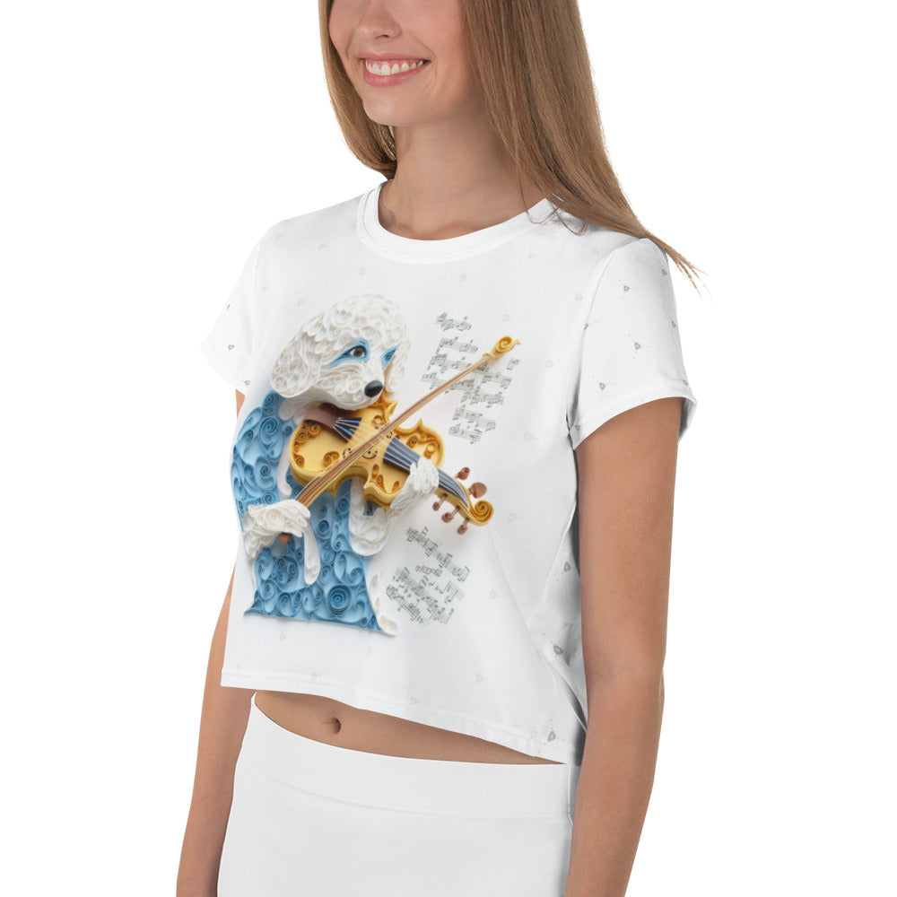 Side view of Garden Gazebo Grandeur Women's Crop Tee showcasing detailed print.