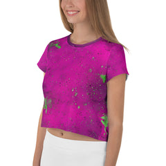 Eye-catching colorful paint pattern on women's crop shirt.