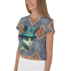 Colorful artistic cats design on crop top.