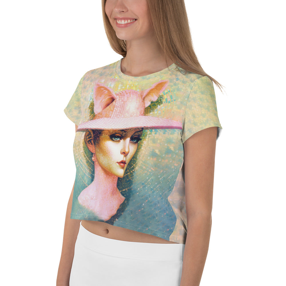 Stylish crop tee with forest and rabbit graphics