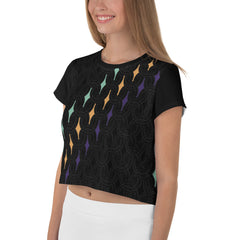 Close-up of Abstract Waves pattern on women's crop t-shirt.