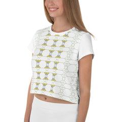 Woman wearing Mystic Mandala themed crop tee.