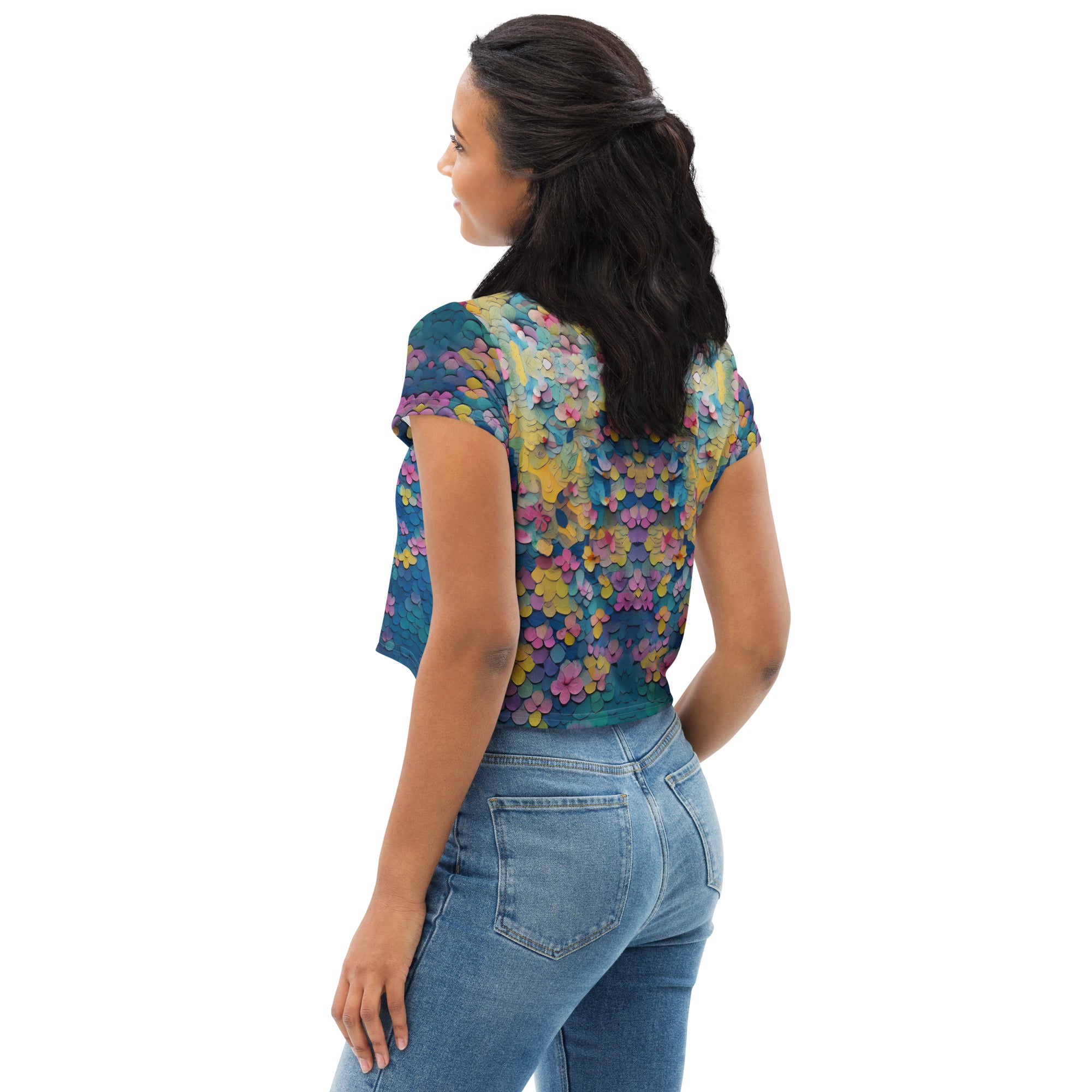 Side view of Dragon Dance Delight Women's Crop Tee showcasing detailed print.