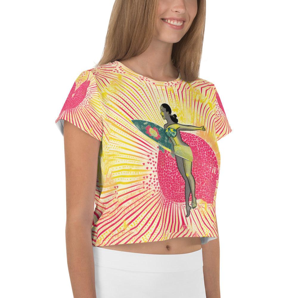 Chic Surfing 1 12 All-Over Print Crop Tee, blending fashion and surf culture seamlessly.