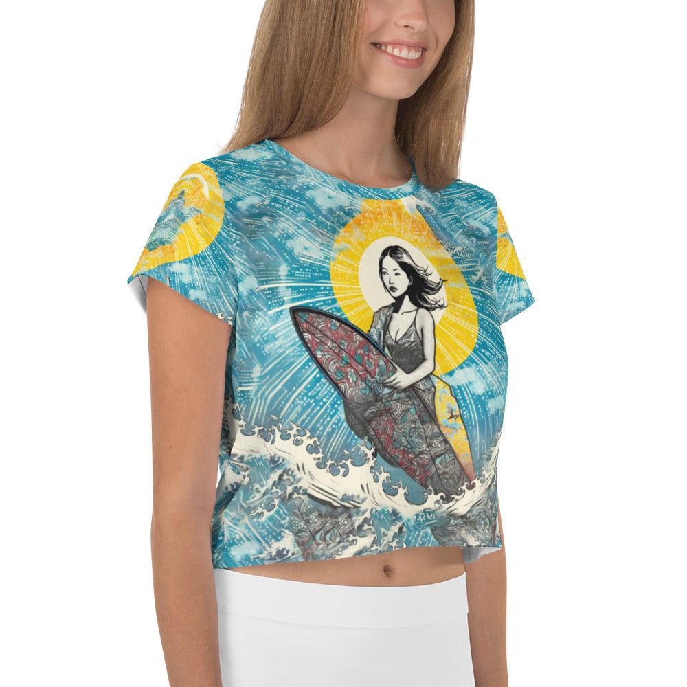 Elevate your surf wardrobe with the unique design of the Surfing 1 40 All-Over Print Crop Tee.