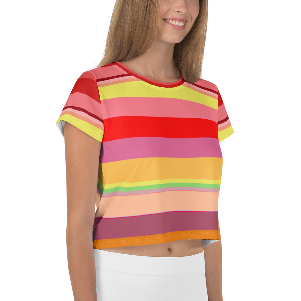 Carnival Confetti Colorful Stripe All-Over Print Crop T-Shirt