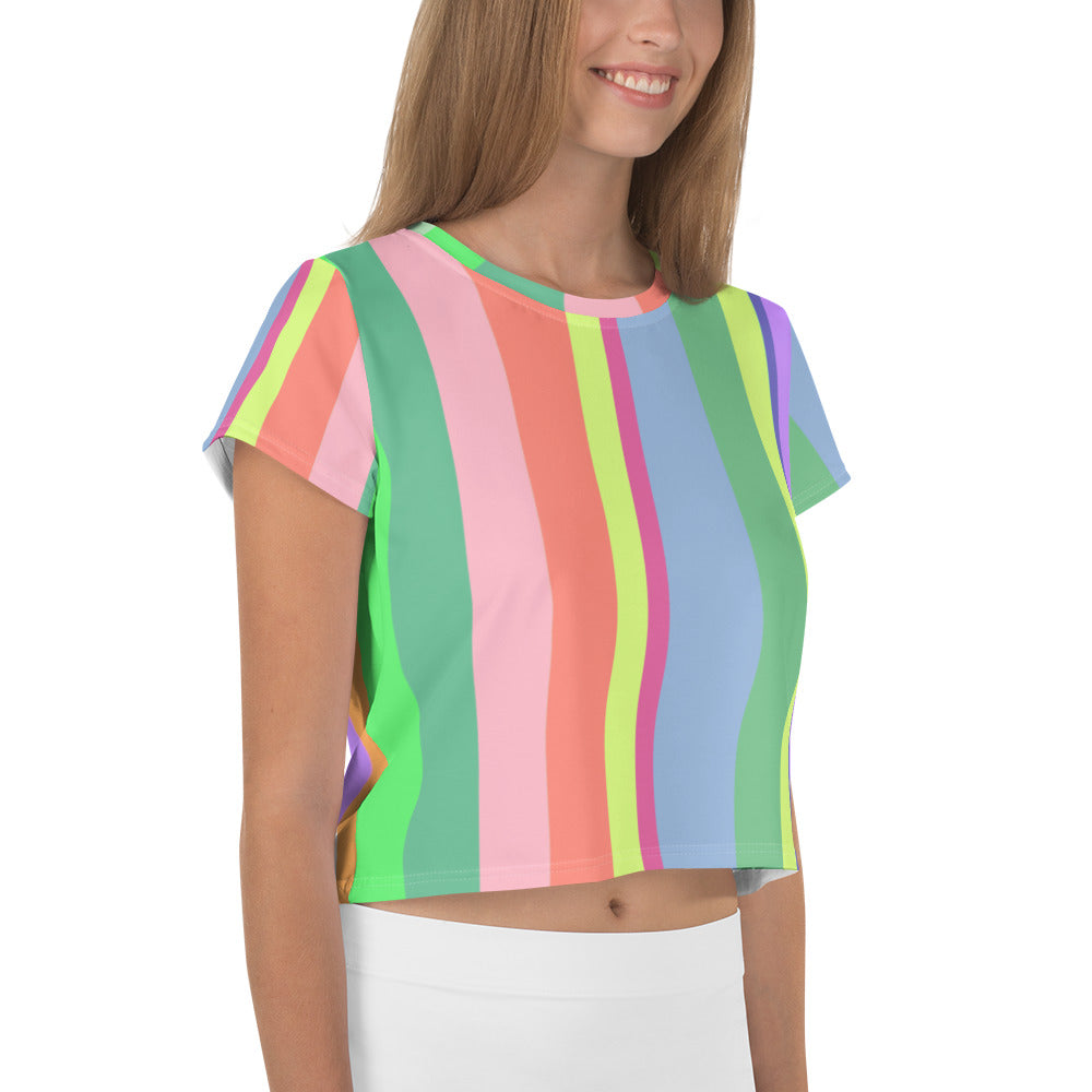 Bold Rainbow Stripe Crop T-Shirt front view on white background