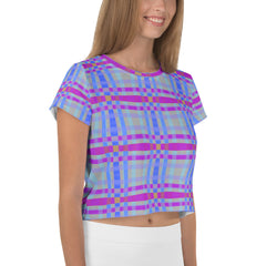 Front view of Rainbow Rhythm Box Stripe Crop T-Shirt, vibrant colors.