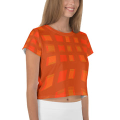 Lifestyle shot of Geometric Fusion Box Stripe Crop T-Shirt paired with jeans