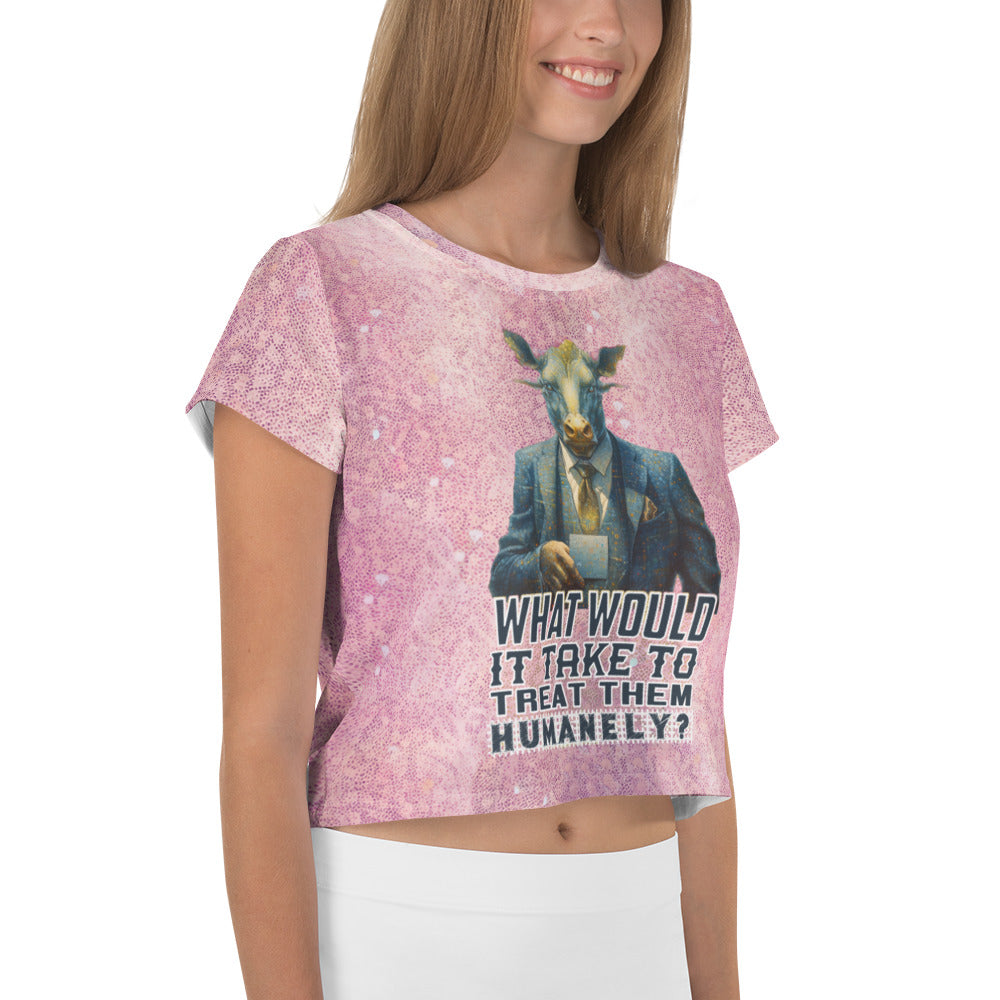 Back view of Whimsical Wolf women's crop tee, showcasing fit.