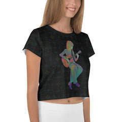 Ethereal Blooms Crop T-Shirt on a hanger showcasing floral pattern.