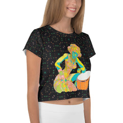 Dreamy Daisy Women's Crop T-Shirt displayed on a clothing rack.