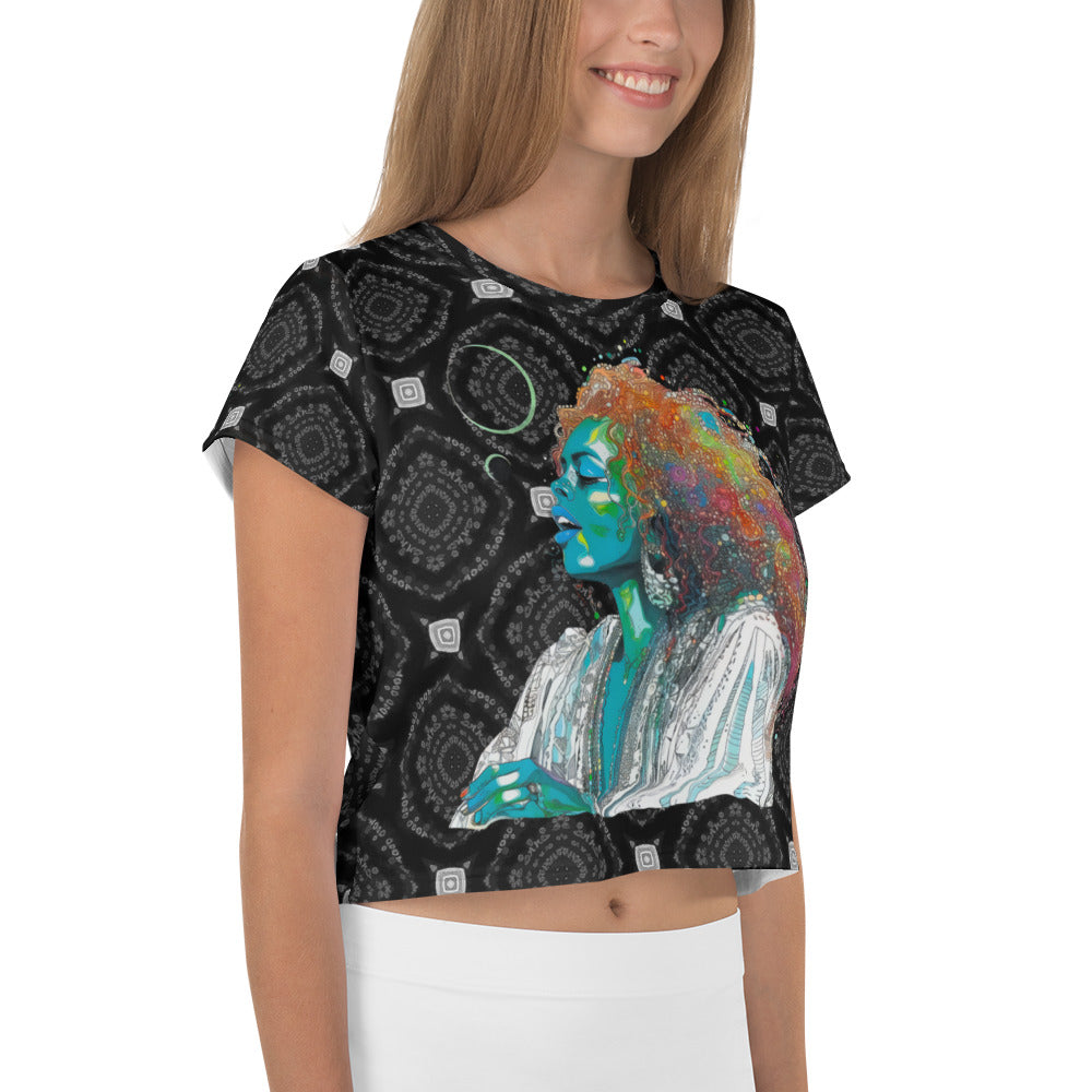 Model wearing Groovy Garden Women's Crop T-Shirt with jeans.