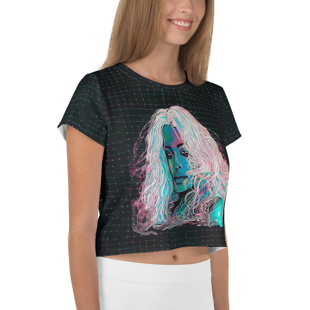 Floral Fusion Women's Crop T-Shirt displayed on a clothing rack.