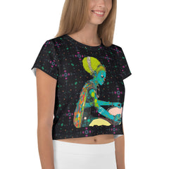 Model wearing Wildflower Wanderlust Women's Crop T-Shirt with jeans.