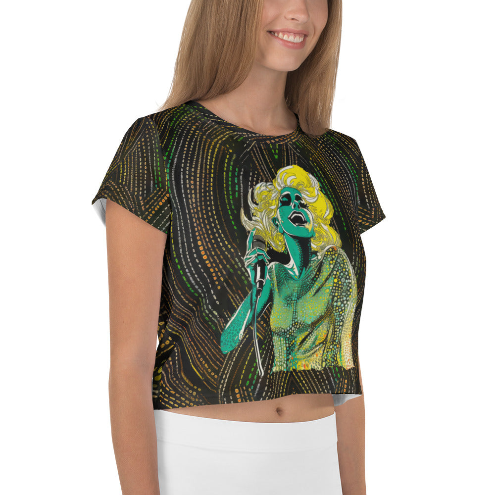 Blossom Bliss Women's Crop T-Shirt on a clothing rack.