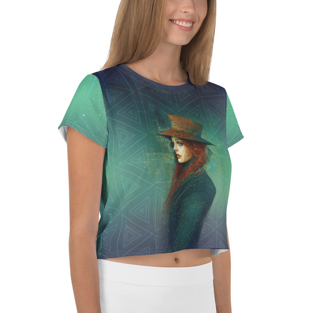 Woman wearing Zen Garden crop t-shirt outdoors