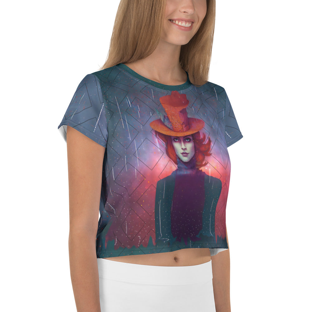 Celestial-themed crop T-shirt laid flat