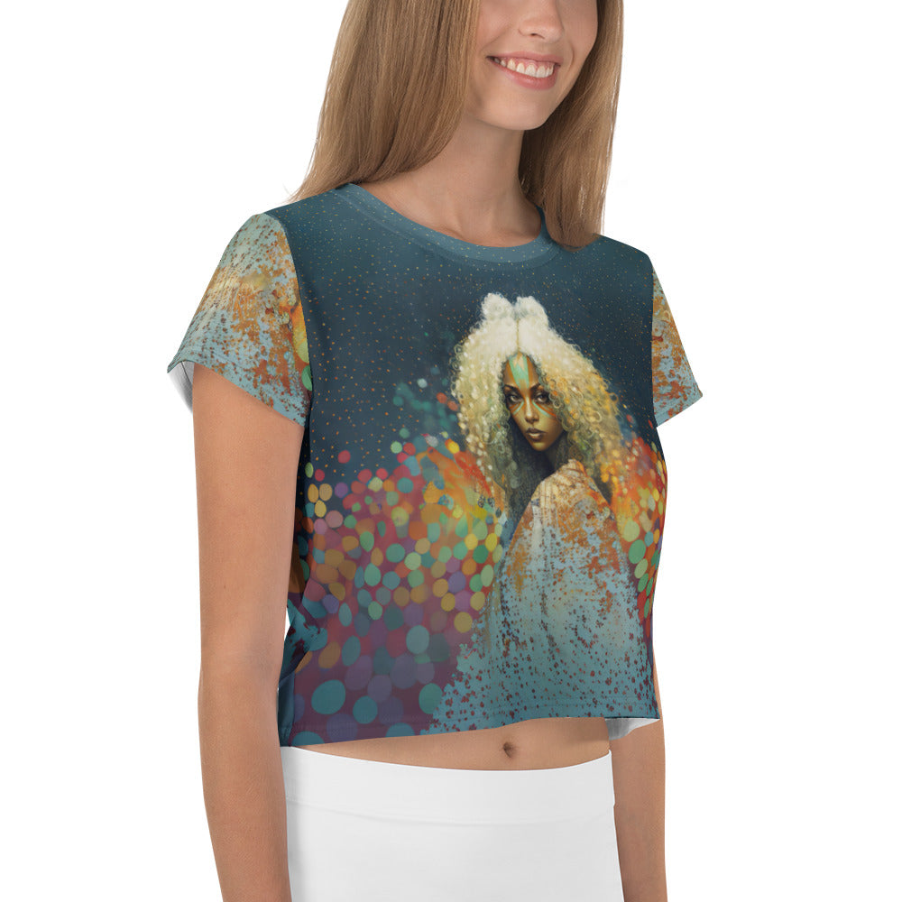 Cosmic-inspired design on the Galactic Gateway Crop T-Shirt displayed flat