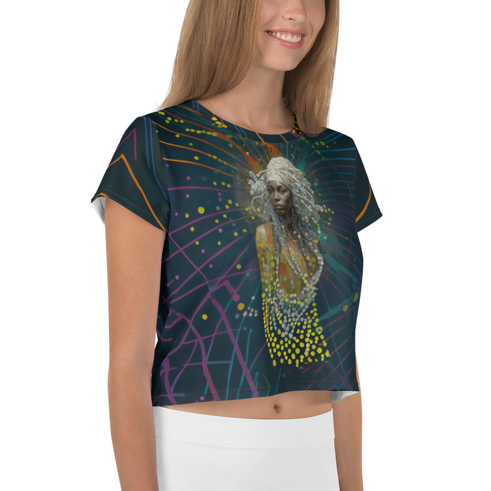 Rear view of Celestial Chic Crop Tee on white background