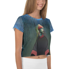 Urban Chic All-Over Print Women's Crop T-Shirt close-up design.