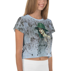 Floral Fantasy All-Over Print Women's Crop T-Shirt floral pattern close-up.