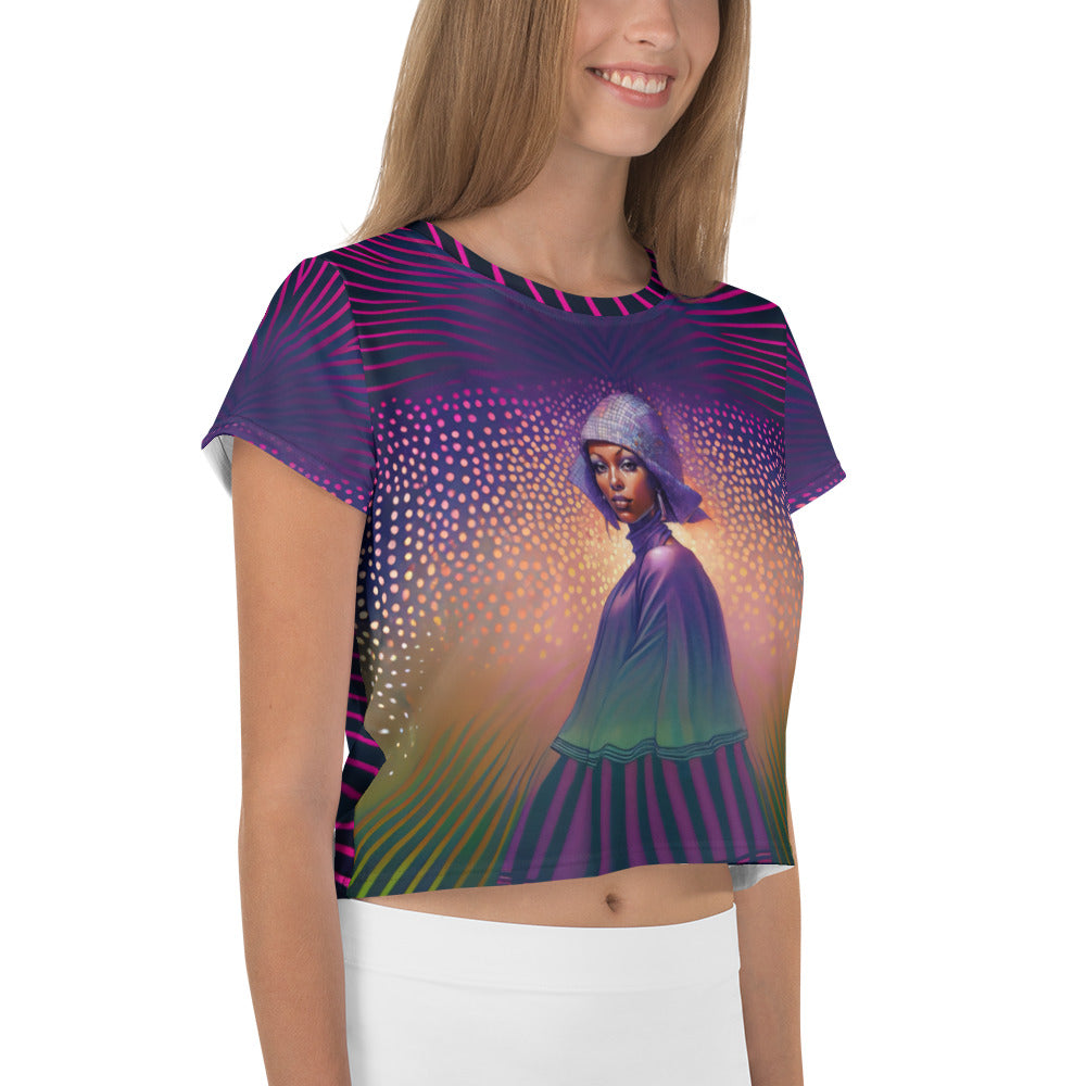 Abstract Allure All-Over Print Women's Crop T-Shirt front view.