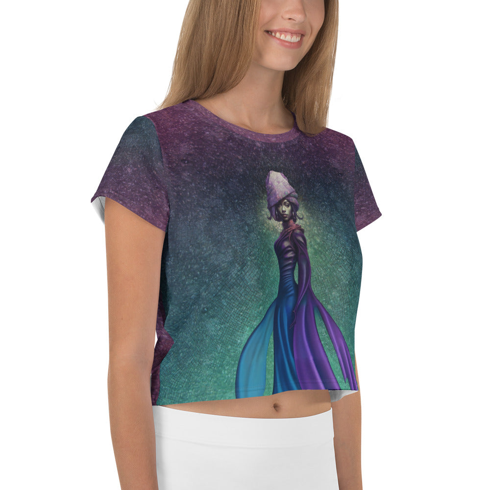 Cosmic Radiance All-Over Print Women's Crop T-Shirt pattern close-up.