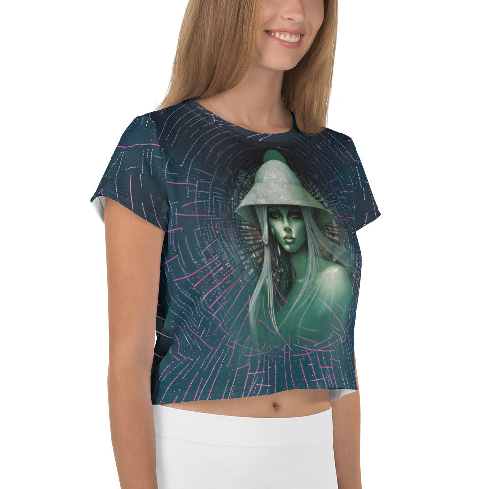 Celestial Charm All-Over Print Women's Crop T-Shirt pattern close-up.