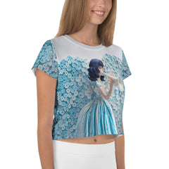 Ocean Waves Women's Crop Tee paired with jeans in a casual setting.