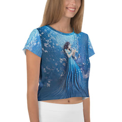 Blooming Kirigami Women's Crop Tee paired with jeans in a casual setting.