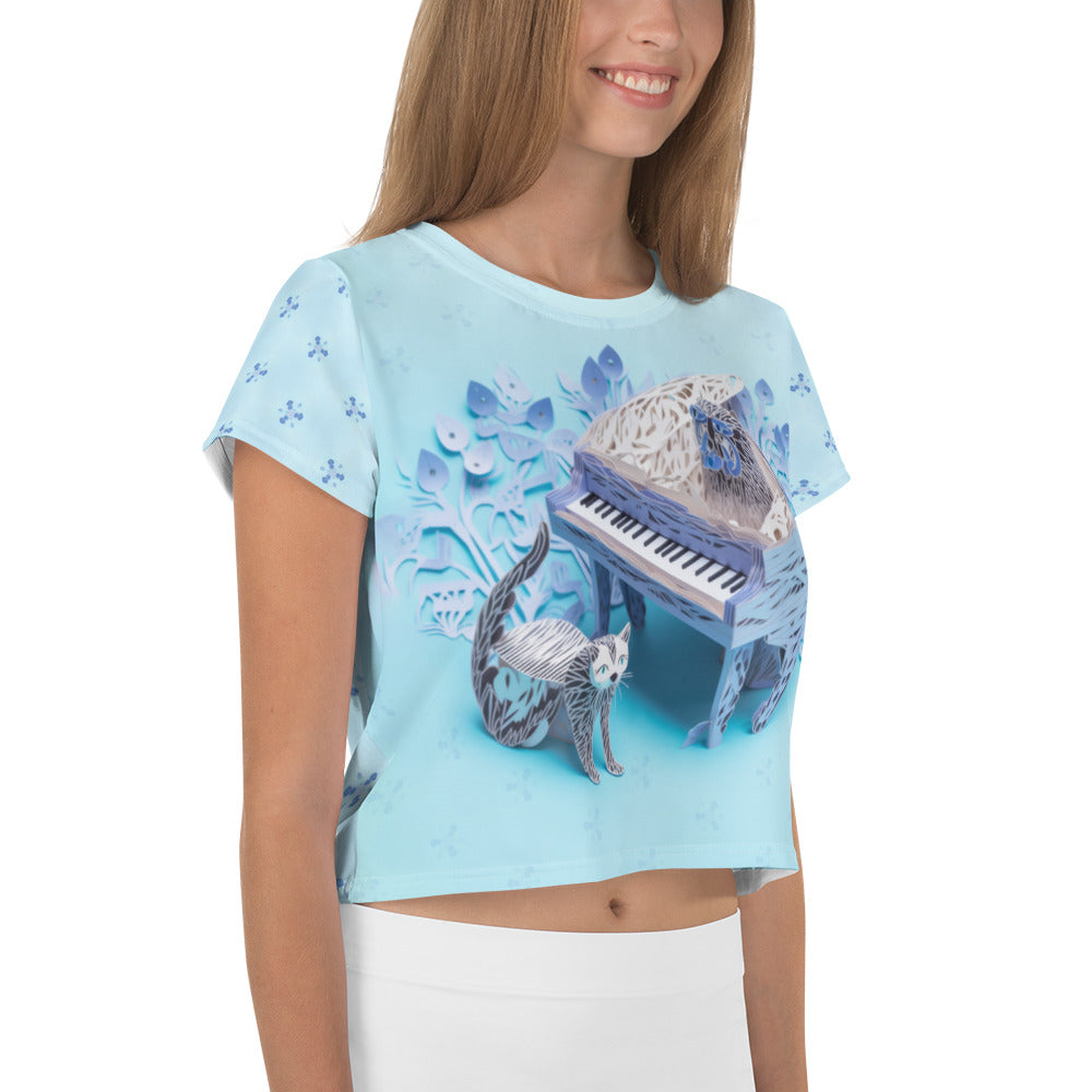 Harmonious Hummingbird Women's Crop Tee paired with jeans in a casual setting.