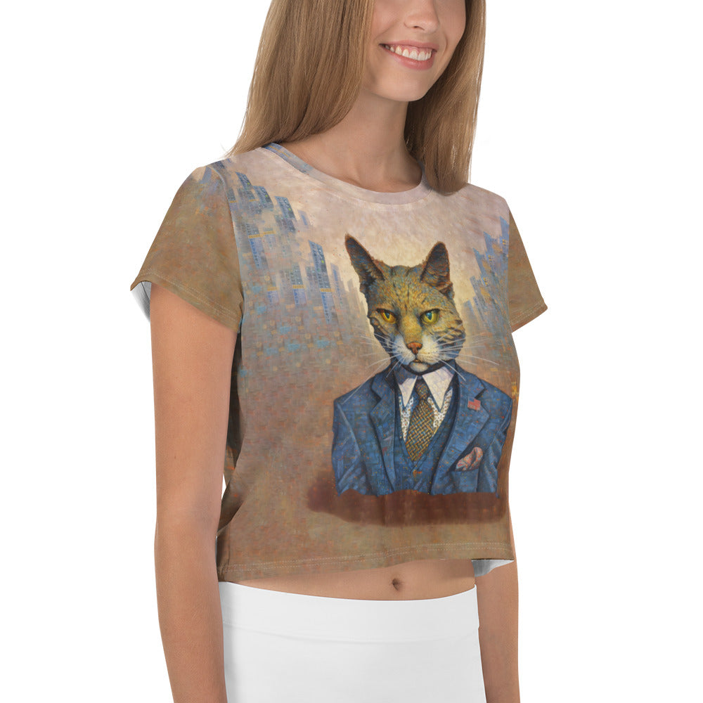 Stylish woman wearing Majestic Cat Crop Tee.