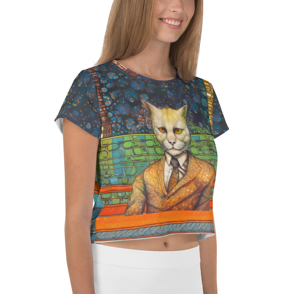 Fashionable summer crop tee with cat and floral design