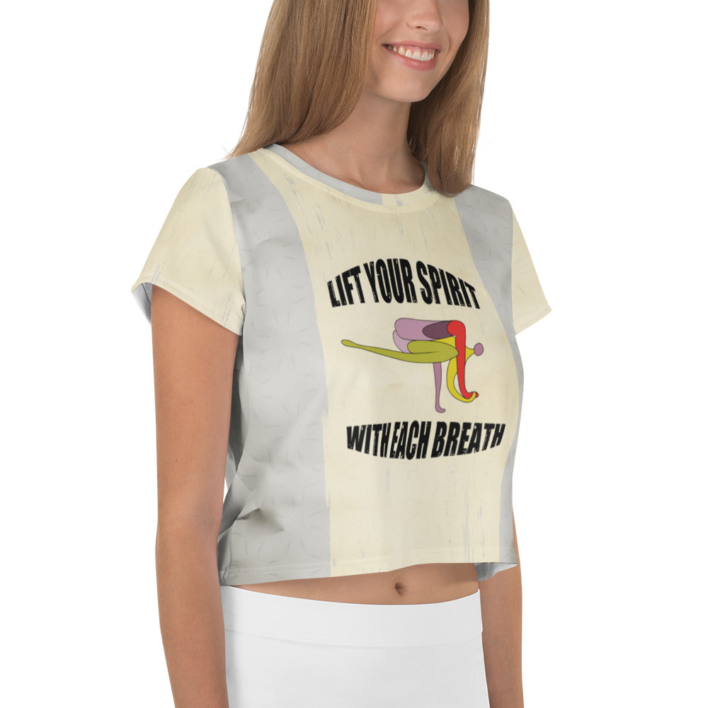 Activewear crop T-shirt with Downward Dog yoga pattern for women.