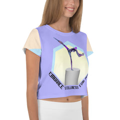 Side view of Sunrise Stretch Women's Crop Tee showcasing fit and style.