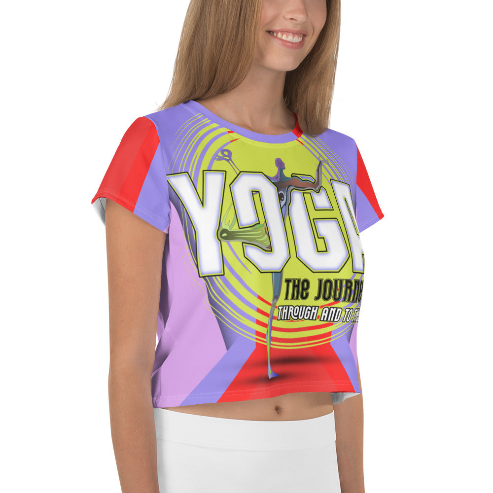 Model wearing Infinite Flow Women's Crop Tee in yoga pose.