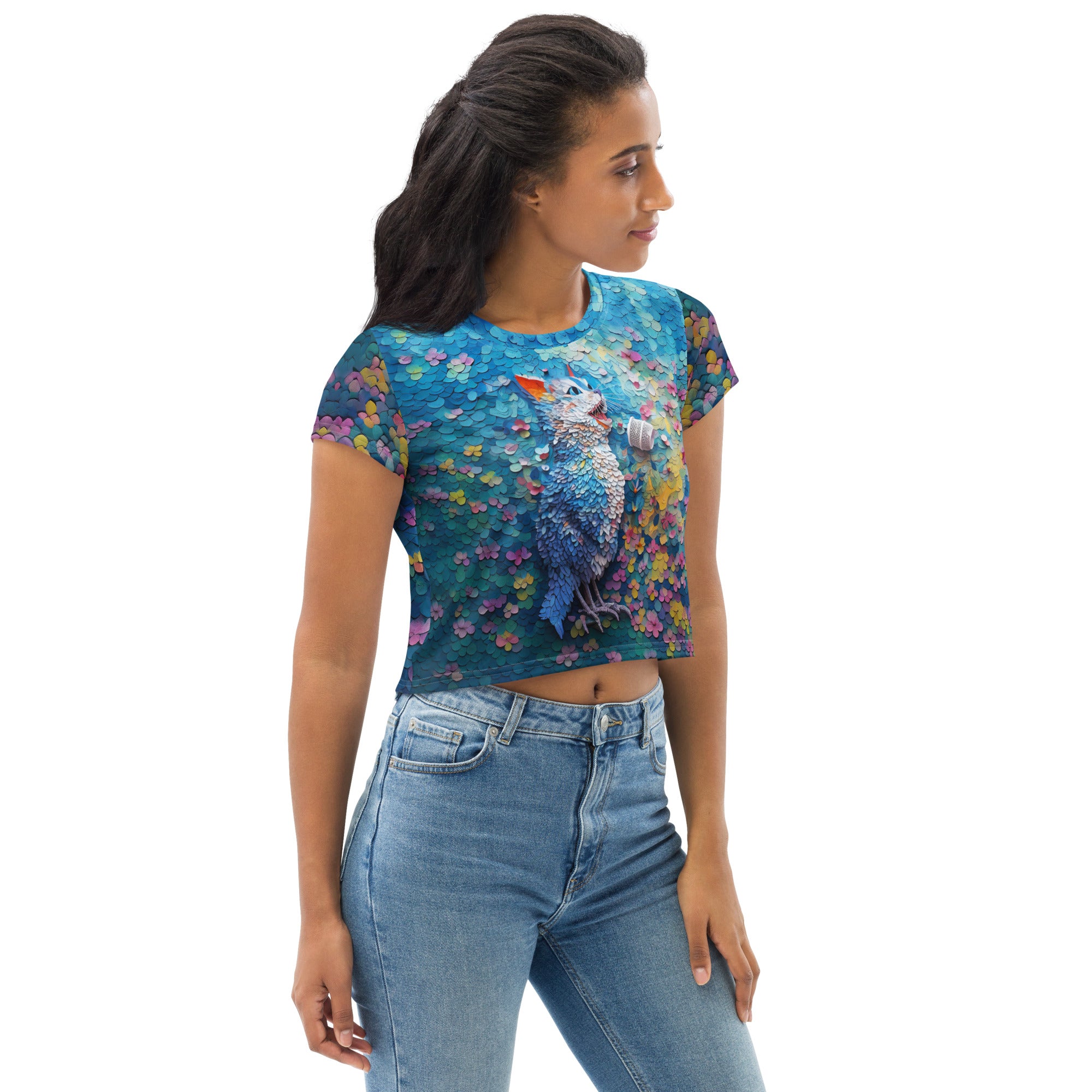Dragon Dance Delight Women's Crop Tee paired with jeans in a casual setting.