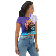 Sakura Serenity Women's Crop Tee paired with jeans in a stylish setting.