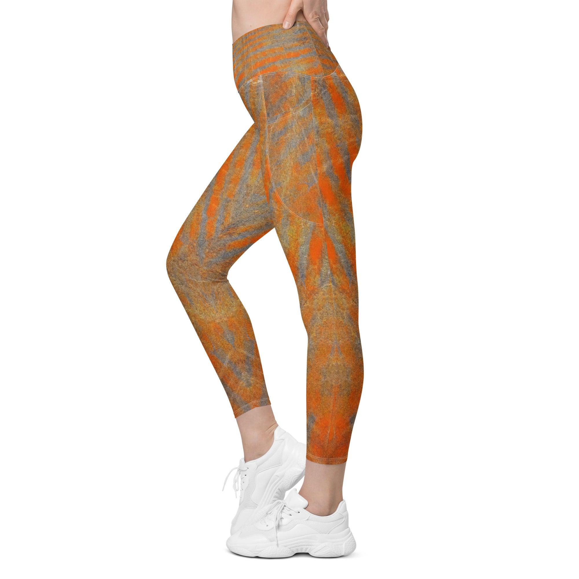 Eye-catching Orange Crossover Leggings with pockets for on-the-go essentials