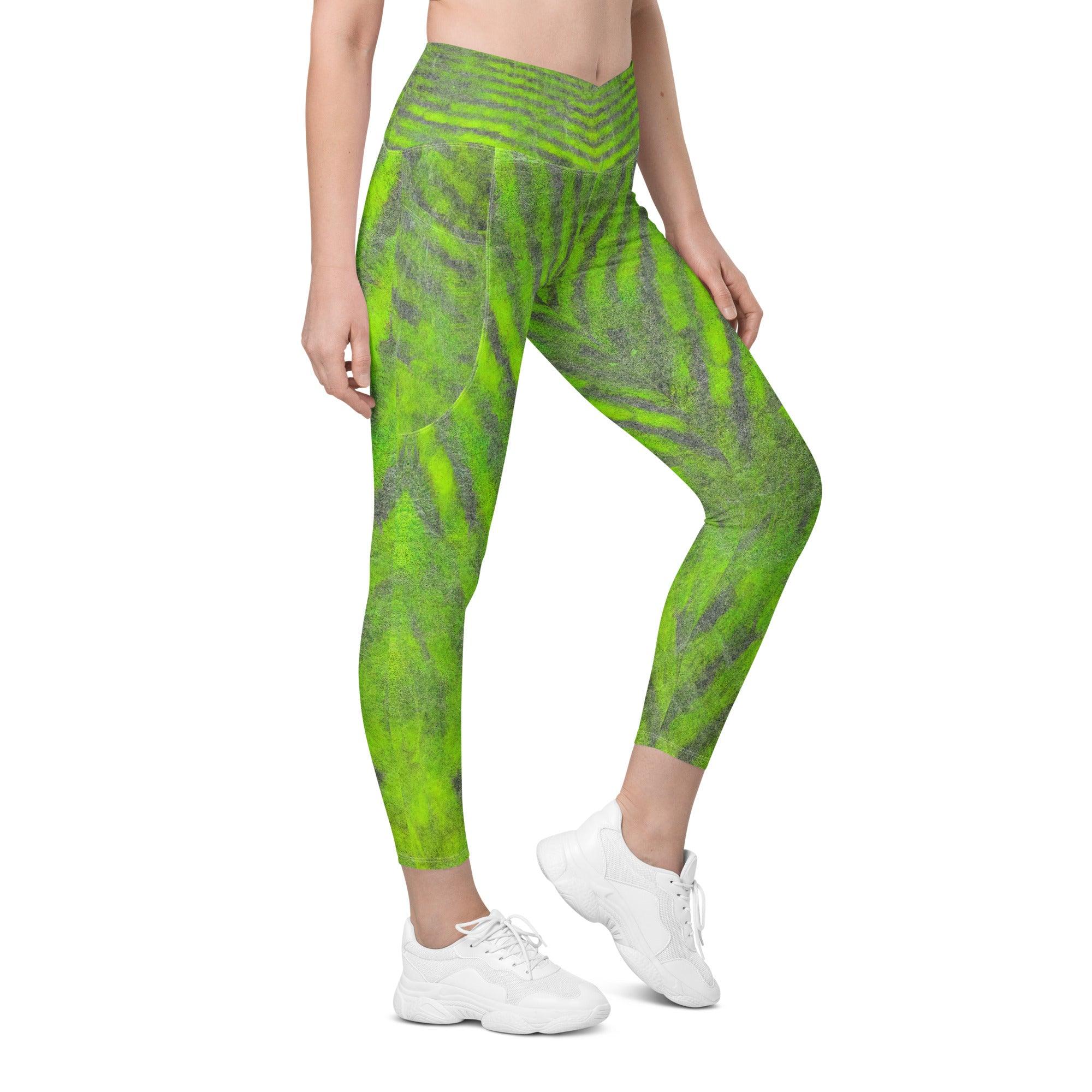 Vibrant Green Crossover Leggings with pockets, combining comfort and convenience