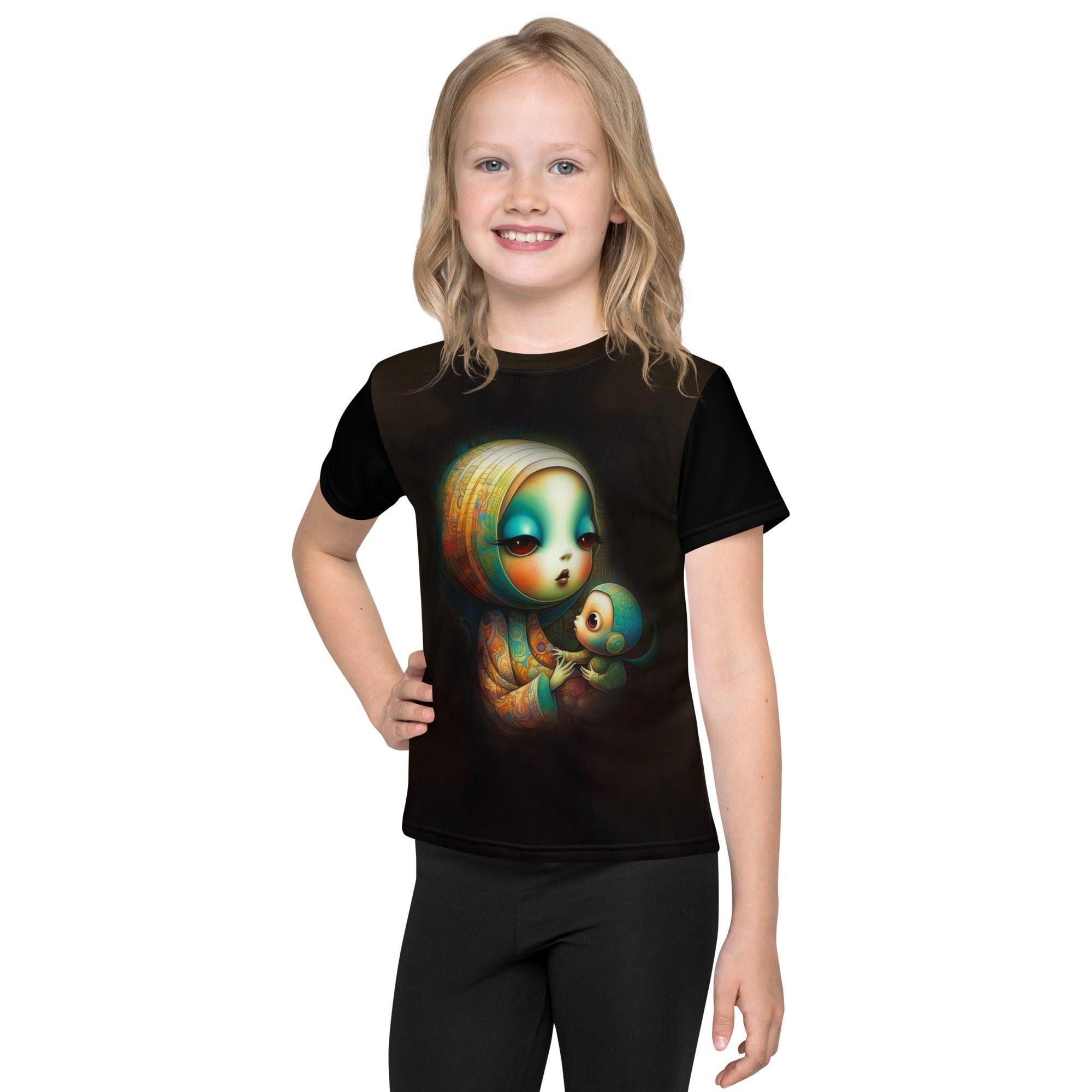 Child smiling in blue CB3-72 crew neck t-shirt.