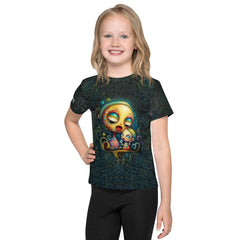 Child smiling wearing CB3-76 crew neck t-shirt in bright sunlight.