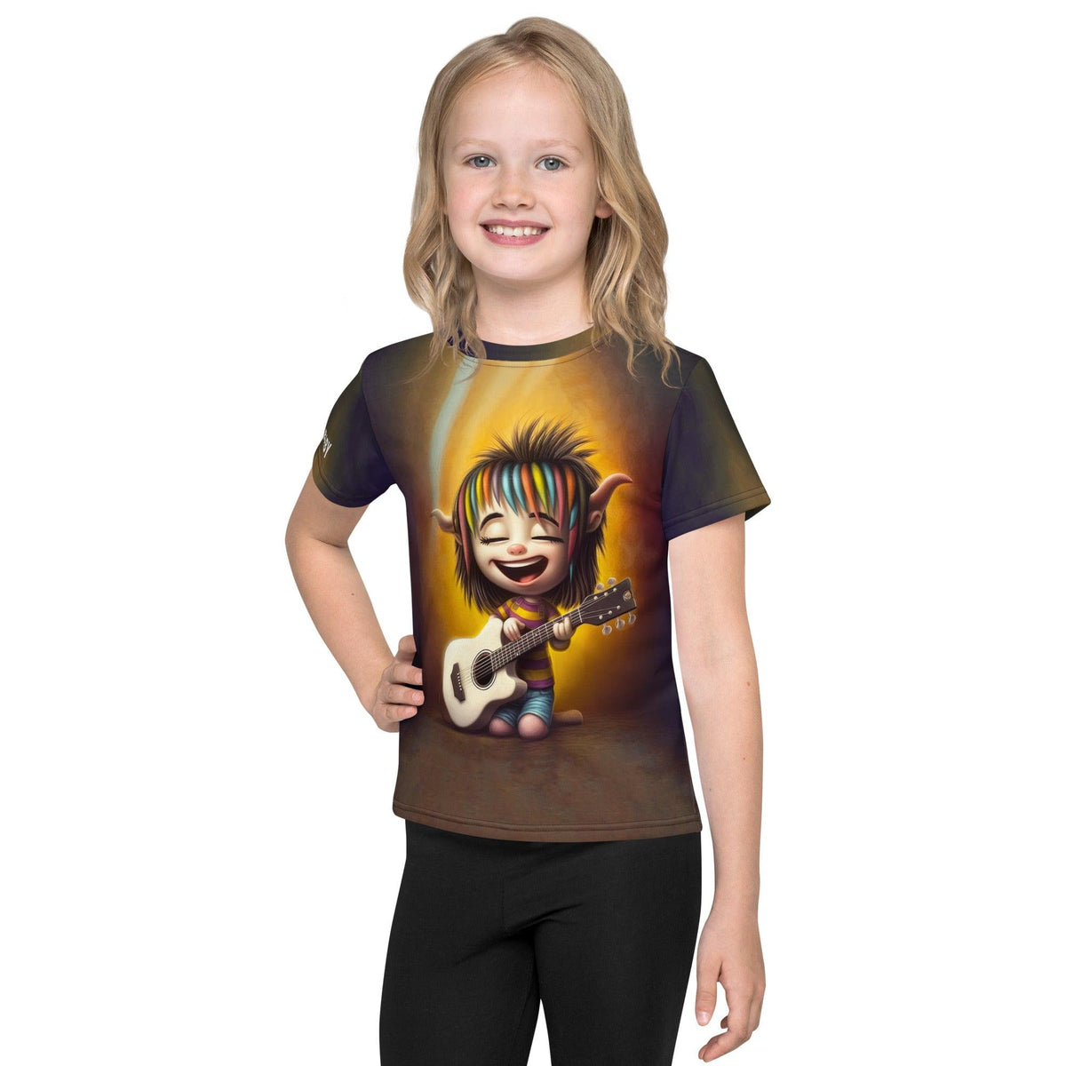 Child wearing CB3-106 crew neck t-shirt in blue, smiling